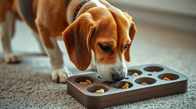 photorealistic, professional photography, 8K, cinematic lighting, sharp focus, depth of field, shot on a high-end DSLR. An elderly beagle dog, with a gentle and focused expression, is carefully nudging a flat, stable puzzle feeder toy with its nose on a soft, carpeted floor. Small, healthy treats are visible in the toy's compartments. The dog looks engaged and happy, with warm, inviting lighting.