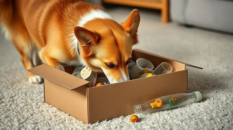 photorealistic, professional photography, 8K, cinematic lighting, sharp focus, depth of field, shot on a high-end DSLR. A cheerful elderly dog (corgi mix) is gently exploring a homemade 'snuffle box' on a soft, carpeted floor. The box is a cardboard container filled with various safe, soft materials like crumpled paper, fabric scraps, and small, empty plastic bottles, with hidden treats. The dog's nose is active, and its tail is slightly wagging, indicating engagement and happiness. The scene is brightly lit and comforting.