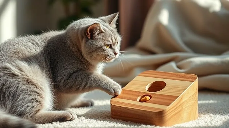 A photorealistic image of an elderly cat, with soft grey fur and wise eyes, gently nudging a simple wooden puzzle feeder with its paw. A single treat is visible, enticing the cat. The setting is a cozy, sunlit corner of a living room with a soft blanket. Professional photography, 8K, cinematic lighting, sharp focus on the cat and puzzle, depth of field blurring the background, shot on a high-end DSLR. A photorealistic image of an elderly cat, with soft grey fur and wise eyes, gently nudging a simple wooden puzzle feeder with its paw. A single treat is visible, enticing the cat. The setting is a cozy, sunlit corner of a living room with a soft blanket. Professional photography, 8K, cinematic lighting, sharp focus on the cat and puzzle, depth of field blurring the background, shot on a high-end DSLR.