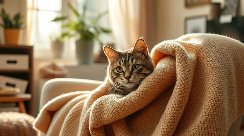 A photorealistic image of a cozy living room with various cat-friendly elements. An elderly cat is peeking out from behind a soft blanket draped over a chair, its eyes focused on a hidden puzzle toy. Sunlight streams through a window, highlighting dust motes in the air. Professional photography, 8K, cinematic lighting, sharp focus on the cat, depth of field blurring the background, shot on a high-end DSLR. A photorealistic image of a cozy living room with various cat-friendly elements. An elderly cat is peeking out from behind a soft blanket draped over a chair, its eyes focused on a hidden puzzle toy. Sunlight streams through a window, highlighting dust motes in the air. Professional photography, 8K, cinematic lighting, sharp focus on the cat, depth of field blurring the background, shot on a high-end DSLR.