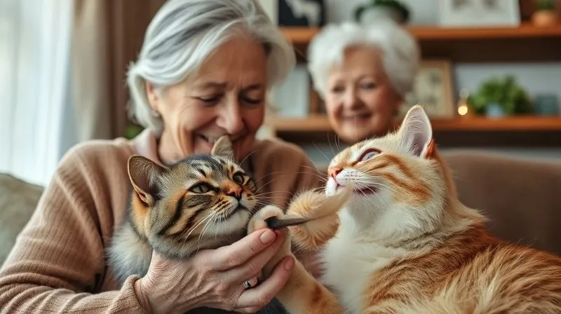 A photorealistic image of a loving senior woman gently interacting with her elderly cat, who is batting at a soft feather toy. The woman is smiling, and the cat's eyes are focused and bright. The scene is set in a warm, inviting living room, emphasizing the bond between pet and owner. Professional photography, 8K, cinematic lighting, sharp focus on the interaction, depth of field blurring the background, shot on a high-end DSLR. A photorealistic image of a loving senior woman gently interacting with her elderly cat, who is batting at a soft feather toy. The woman is smiling, and the cat's eyes are focused and bright. The scene is set in a warm, inviting living room, emphasizing the bond between pet and owner. Professional photography, 8K, cinematic lighting, sharp focus on the interaction, depth of field blurring the background, shot on a high-end DSLR.