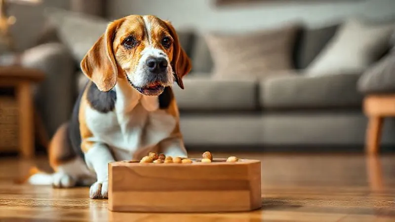 A photorealistic, professional photography shot of an elderly, contented beagle successfully completing a moderate-level puzzle feeder, with small treats visible. The dog's expression is focused and happy. Warm, soft lighting, sharp focus on the dog and the puzzle, depth of field blurring a cozy home background. 8K hyper-detailed, shot on a high-end DSLR.
