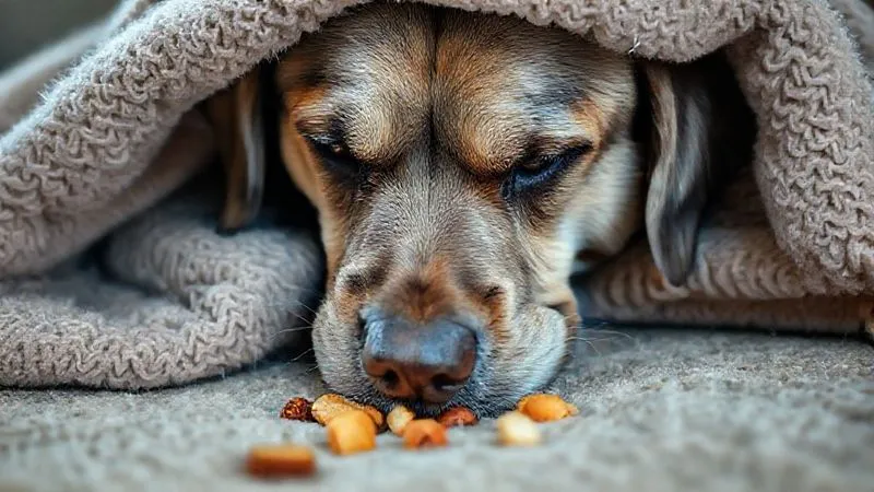 A photorealistic, professional photography shot of an elderly, grey-muzzled Labrador gently sniffing under a soft blanket, searching for a hidden treat. The scene is cozy and warm, with soft natural light. Sharp focus on the dog's nose and the blanket, depth of field blurring the background. 8K hyper-detailed, shot on a high-end DSLR.