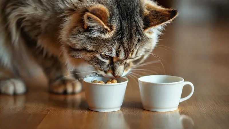 A photorealistic, professional photography shot of an elderly, fluffy cat gently nudging one of three opaque cups on a wooden floor, attempting to find a hidden treat. The cat's whiskers are twitching with focus. Soft, warm ambient light, sharp focus on the cat and the cups, depth of field blurring the background. 8K hyper-detailed, shot on a high-end DSLR.