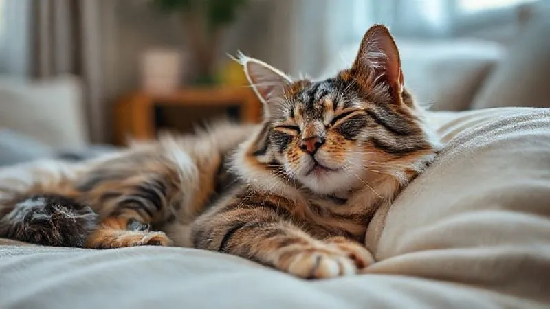 A photorealistic, professional photography shot of an elderly, calm cat or dog resting comfortably on a soft bed after a stimulating play session, looking serene and content. The room is softly lit, emphasizing peace and well-being. Sharp focus on the pet's relaxed expression, depth of field blurring the background. 8K hyper-detailed, shot on a high-end DSLR.