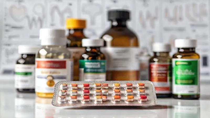 A photorealistic, professional photography, 8K image of various pet supplement bottles and a blister pack of veterinary medication, arranged neatly on a clean, sterile surface. Cinematic lighting, sharp focus on the labels and capsules, depth of field blurring a background of medical charts. Shot on a high-end DSLR, conveying a sense of scientific care and precision. A photorealistic, professional photography, 8K image of various pet supplement bottles and a blister pack of veterinary medication, arranged neatly on a clean, sterile surface. Cinematic lighting, sharp focus on the labels and capsules, depth of field blurring a background of medical charts. Shot on a high-end DSLR, conveying a sense of scientific care and precision.