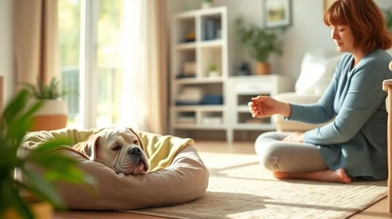 A photorealistic image of a cozy living room, sunlit, with a senior dog resting peacefully in its bed. A gentle owner is sitting on the floor nearby, offering a treat. The atmosphere is calm and safe, with soft textures and warm lighting. Professional photography, 8K, cinematic lighting, sharp focus on the dog and owner, depth of field blurring the background, shot on a high-end DSLR.