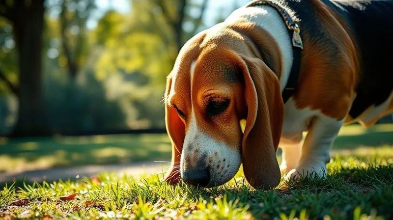 A photorealistic image of a senior Basset Hound with its nose to the ground, intensely sniffing a patch of grass in a quiet park. The dog's ears are long and floppy, adding to its focused expression. Sunlight filters through the trees, creating dappled light. Professional photography, 8K, cinematic lighting, sharp focus on the dog's nose and the grass, depth of field blurring the background, shot on a high-end DSLR.