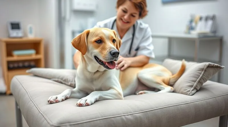 A photorealistic image of a senior dog comfortably lying on a soft, orthopedic bed, with a veterinarian gently examining its joints. The vet is smiling reassuringly, and the dog looks calm and trusting. The setting is a clean, modern veterinary clinic. Professional photography, 8K, cinematic lighting, sharp focus on the interaction, depth of field blurring the background, shot on a high-end DSLR.