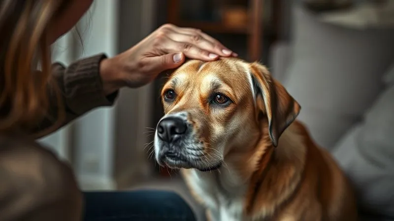 A photorealistic image of a concerned owner gently comforting their senior dog, who appears a bit disoriented or anxious, in a quiet corner of a home. The owner's hand is softly stroking the dog's head. The lighting is soft and empathetic. Professional photography, 8K, cinematic lighting, sharp focus on the expressions, depth of field blurring the background, shot on a high-end DSLR.