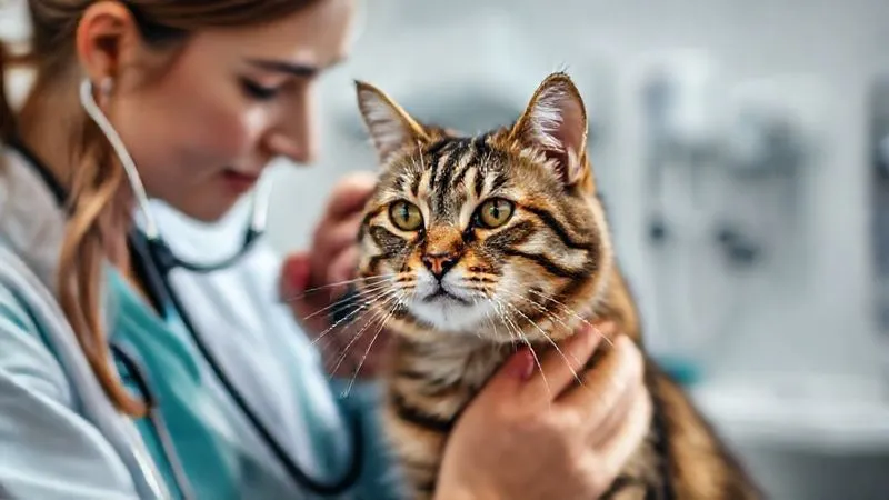 A photorealistic, professional photography image of a calm, elderly tabby cat being gently examined by a compassionate female veterinarian in a clean, modern clinic. The vet is using a stethoscope, with soft, cinematic lighting highlighting the interaction and sharp focus on the cat's face, showing no distress. Shot on a high-end DSLR, 8K, depth of field blurring the background medical equipment. A photorealistic, professional photography image of a calm, elderly tabby cat being gently examined by a compassionate female veterinarian in a clean, modern clinic. The vet is using a stethoscope, with soft, cinematic lighting highlighting the interaction and sharp focus on the cat's face, showing no distress. Shot on a high-end DSLR, 8K, depth of field blurring the background medical equipment.