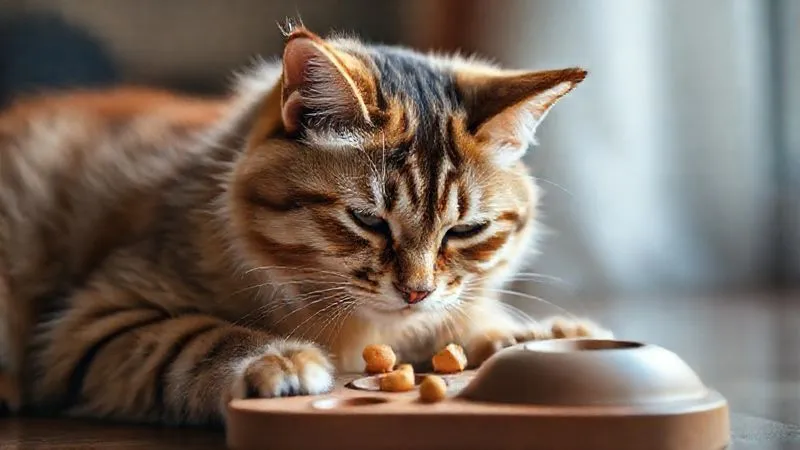 A photorealistic, professional photography image of an elderly, calm domestic shorthair cat with soft fur, gently batting at a food puzzle toy. Small treats are visible as the cat interacts with the puzzle, showing curiosity and engagement. The lighting is warm and cinematic, with sharp focus on the cat and the toy, and a soft depth of field. Shot on a high-end DSLR, 8K, conveying a sense of mental stimulation and gentle play. A photorealistic, professional photography image of an elderly, calm domestic shorthair cat with soft fur, gently batting at a food puzzle toy. Small treats are visible as the cat interacts with the puzzle, showing curiosity and engagement. The lighting is warm and cinematic, with sharp focus on the cat and the toy, and a soft depth of field. Shot on a high-end DSLR, 8K, conveying a sense of mental stimulation and gentle play.