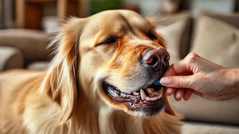 A photorealistic image of a gentle, elderly golden retriever calmly getting its teeth brushed by a caring human hand. The dog looks relaxed and comfortable, perhaps with its eyes half-closed in contentment. The human hand is holding a pet-specific toothbrush, gently brushing the dog's molars. Soft, warm lighting, sharp focus on the interaction, depth of field blurring a cozy living room background, 8K hyper-detailed, shot on a high-end DSLR. A photorealistic image of a gentle, elderly golden retriever calmly getting its teeth brushed by a caring human hand. The dog looks relaxed and comfortable, perhaps with its eyes half-closed in contentment. The human hand is holding a pet-specific toothbrush, gently brushing the dog's molars. Soft, warm lighting, sharp focus on the interaction, depth of field blurring a cozy living room background, 8K hyper-detailed, shot on a high-end DSLR.