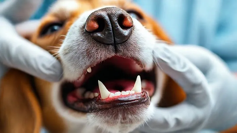 A close-up, photorealistic image of an elderly beagle's mouth, gently opened by a veterinarian's gloved hands during a routine check-up. The focus is on the teeth and gums, which show minor plaque accumulation but no severe inflammation, indicating proactive care. The lighting is bright and clinical, sharp focus on the dental area, with depth of field blurring the vet's face. 8K hyper-detailed, professional photography, shot on a high-end DSLR. A close-up, photorealistic image of an elderly beagle's mouth, gently opened by a veterinarian's gloved hands during a routine check-up. The focus is on the teeth and gums, which show minor plaque accumulation but no severe inflammation, indicating proactive care. The lighting is bright and clinical, sharp focus on the dental area, with depth of field blurring the vet's face. 8K hyper-detailed, professional photography, shot on a high-end DSLR.