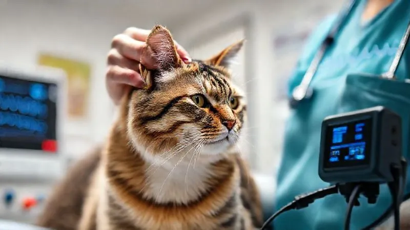 A photorealistic image of a veterinary technician gently petting an elderly cat's head while monitoring its vital signs on advanced equipment (ECG, pulse oximeter) in a clean, brightly lit veterinary clinic. The cat appears calm and comfortable, not under anesthesia, but being prepared or recovering. Focus on the monitoring equipment and the gentle interaction. Cinematic lighting, sharp focus, depth of field blurring the background, 8K hyper-detailed, shot on a high-end DSLR. A photorealistic image of a veterinary technician gently petting an elderly cat's head while monitoring its vital signs on advanced equipment (ECG, pulse oximeter) in a clean, brightly lit veterinary clinic. The cat appears calm and comfortable, not under anesthesia, but being prepared or recovering. Focus on the monitoring equipment and the gentle interaction. Cinematic lighting, sharp focus, depth of field blurring the background, 8K hyper-detailed, shot on a high-end DSLR.