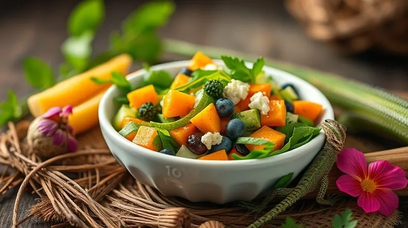 A photorealistic, professional photography, 8K, cinematic lighting, sharp focus, depth of field, shot on a high-end DSLR. A vibrant, fresh, finely chopped salad for an iguana, consisting of various green leafy vegetables, orange squash, and a few colorful edible flowers, presented in a small, clean, white ceramic bowl on a naturalistic substrate. The food is moist and appealing, with soft, gentle light highlighting its textures.