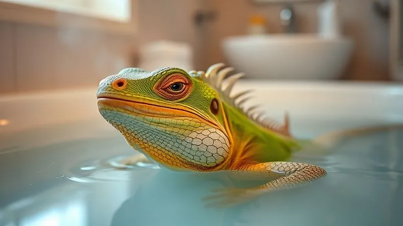 A photorealistic, professional photography, 8K, cinematic lighting, sharp focus, depth of field, shot on a high-end DSLR. An elderly green iguana, with its eyes gently closed in relaxation, soaking in a shallow, clean bath of warm water. The water level is just below its shoulders. Steam is subtly rising, creating a soothing atmosphere. The background is a clean, minimalist bathroom, slightly out of focus, emphasizing the iguana's comfort and the therapeutic nature of the bath.