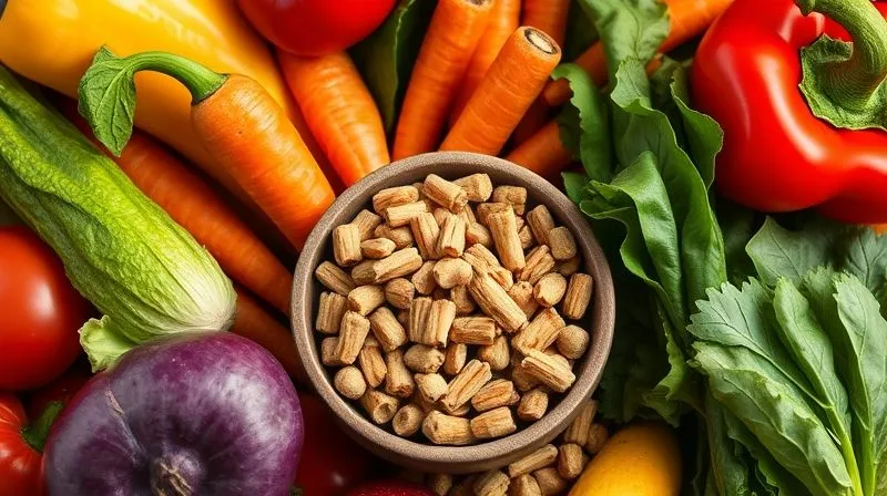 A photorealistic, professional photography image of various colorful, fresh vegetables and fruits (like small pieces of bell pepper, carrot, leafy greens, and a tiny bit of banana) arranged artfully around a small bowl of high-quality rodent pellets. Cinematic lighting, sharp focus on the vibrant food, with a soft depth of field. 8K hyper-detailed, shot on a high-end DSLR. Emotional resonance: healthy, nutritious choices, abundance. A photorealistic, professional photography image of various colorful, fresh vegetables and fruits (like small pieces of bell pepper, carrot, leafy greens, and a tiny bit of banana) arranged artfully around a small bowl of high-quality rodent pellets. Cinematic lighting, sharp focus on the vibrant food, with a soft depth of field. 8K hyper-detailed, shot on a high-end DSLR. Emotional resonance: healthy, nutritious choices, abundance.