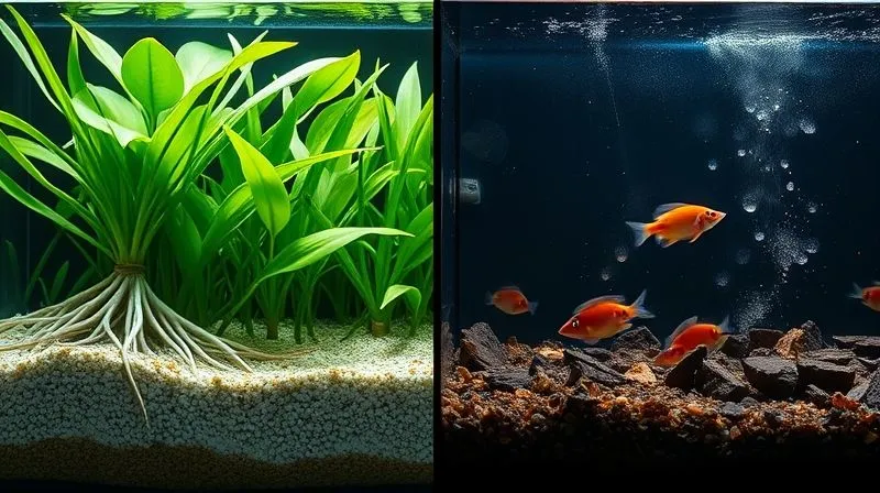 A photorealistic comparison image showing two sections of an aquarium substrate. One section is pristine, clean, and fine-grained, with healthy plant roots visible. The other section is dark, murky, and visibly laden with decaying organic matter and detritus, with a faint, unhealthy haze. Cinematic lighting, sharp focus, 8K, professional photography, shot on a high-end DSLR.