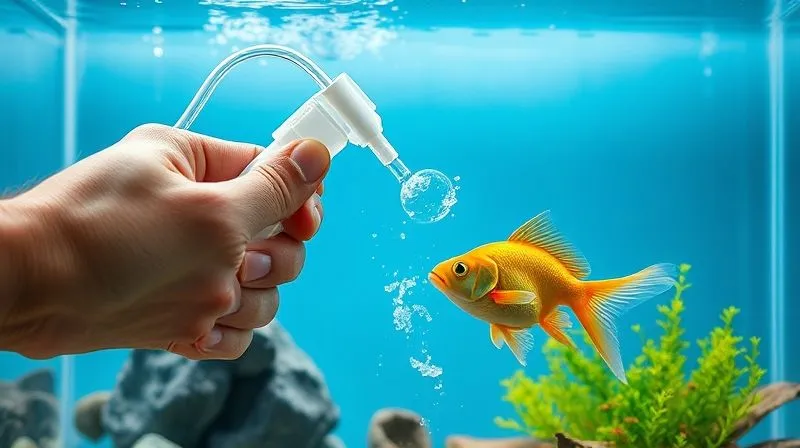 A photorealistic image of a hand carefully using an aquarium gravel vacuum (siphon) to clean the substrate in a freshwater aquarium. The siphon is gently submerged, and fine detritus is visibly being drawn up. An elderly, calm fish (e.g., a Goldfish) is swimming peacefully nearby, not appearing stressed. Cinematic lighting, sharp focus on the siphon and substrate, 8K, professional photography, shot on a high-end DSLR.