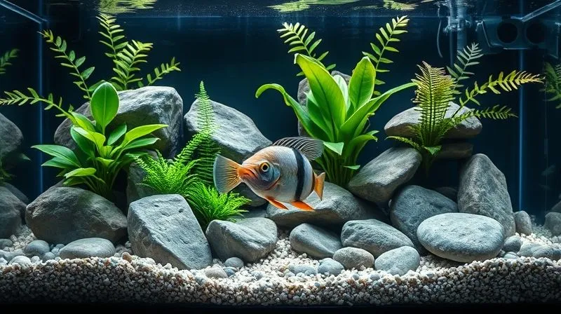 A photorealistic image of a meticulously designed freshwater aquarium, showcasing a clean, fine-grained substrate. The tank features smooth, rounded river stones and healthy, vibrant live plants (like Anubias and Java Fern) strategically placed to allow easy access for cleaning. There are no tight crevices or areas where detritus could easily accumulate. An elderly, healthy fish is swimming calmly in the mid-ground. Cinematic lighting, sharp focus, 8K, professional photography, shot on a high-end DSLR.