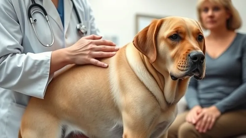 A photorealistic image of a veterinarian gently palpating the ribs of a calm, senior Labrador Retriever to assess its body condition, with the owner observing attentively in a clean, well-lit clinic. Cinematic lighting, sharp focus on the vet's hands and the dog's side, depth of field blurring the background, 8K hyper-detailed, professional photography, shot on a high-end DSLR.