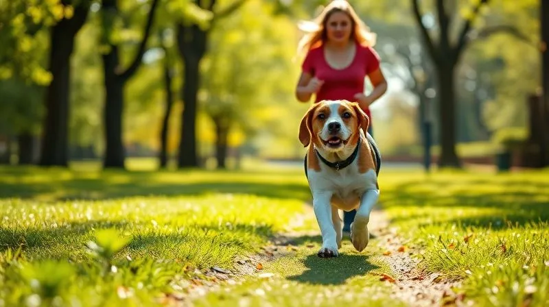 A photorealistic image of a happy, senior Beagle gently trotting on a soft, grassy path in a sun-drenched park, with its owner walking calmly beside it. The scene captures a moment of peaceful, low-impact exercise, with cinematic lighting, sharp focus on the dog, and a beautiful depth of field blurring the background trees. 8K hyper-detailed, professional photography, shot on a high-end DSLR.