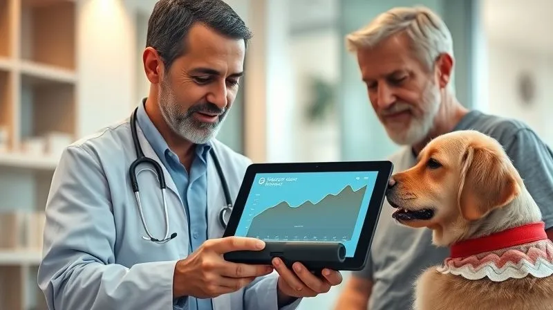 A photorealistic image of a caring veterinarian and a pet owner looking at a tablet displaying a senior dog's weight tracking chart, showing a positive trend. The vet is pointing to the screen with a gentle, reassuring gesture. The scene is set in a modern veterinary office, with soft, cinematic lighting, sharp focus on the tablet and faces, and a depth of field blurring the background. 8K hyper-detailed, professional photography, shot on a high-end DSLR.