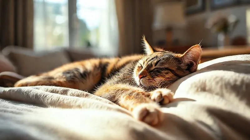 A photorealistic, professional photography, 8K, cinematic lighting, sharp focus, depth of field, shot on a high-end DSLR, of an elderly, peaceful cat or dog sleeping soundly in a sunbeam on a soft, plush bed in a quiet, warmly lit living room, conveying a sense of deep calm and security. No visible disturbances or harsh elements.