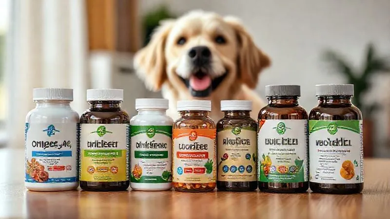 A photorealistic, professional photography, 8K, cinematic lighting, sharp focus, depth of field, shot on a high-end DSLR, of various pet supplement bottles (omega-3, probiotic, multivitamin) arranged neatly on a clean, wooden surface, with a blurred background of a happy, elderly pet. The labels are clear and professional, emphasizing health and wellness.