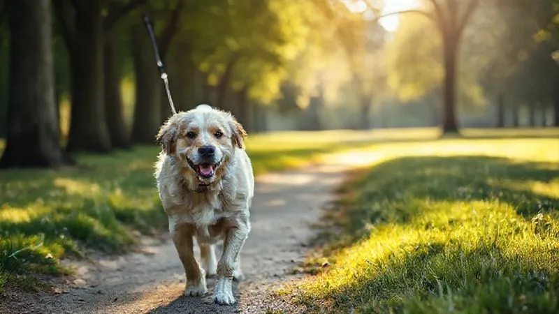 A photorealistic, professional photography, 8K, cinematic lighting, sharp focus, depth of field, shot on a high-end DSLR, of an elderly, happy dog with a gentle expression, slowly walking on a soft, grassy park path with its owner, who is gently holding the leash. Sunlight filters through trees, creating a serene and active scene, emphasizing gentle exercise and companionship.