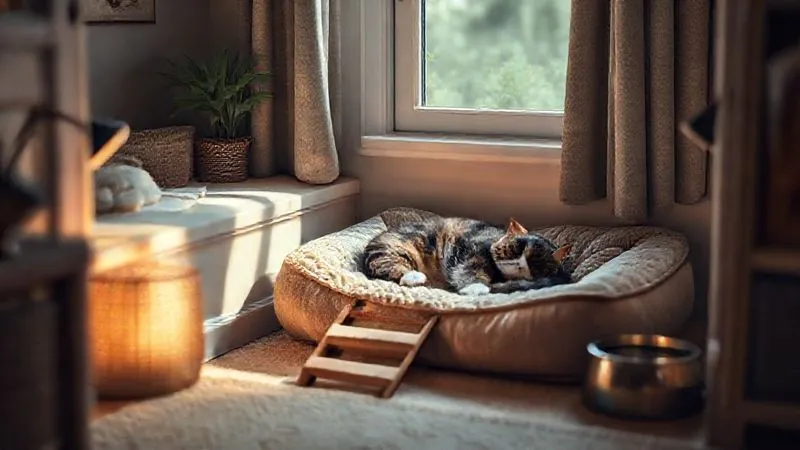 A photorealistic image of a cozy, quiet corner in a home, specifically designed for an elderly pet. It features a plush orthopedic bed, a small ramp leading up to a low window sill, and a water bowl easily accessible. Soft, warm ambient light fills the space, with a senior cat or dog peacefully napping. Professional photography, 8K, cinematic lighting, sharp focus on the pet and its comfortable surroundings, depth of field blurring a gentle background. A photorealistic image of a cozy, quiet corner in a home, specifically designed for an elderly pet. It features a plush orthopedic bed, a small ramp leading up to a low window sill, and a water bowl easily accessible. Soft, warm ambient light fills the space, with a senior cat or dog peacefully napping. Professional photography, 8K, cinematic lighting, sharp focus on the pet and its comfortable surroundings, depth of field blurring a gentle background.