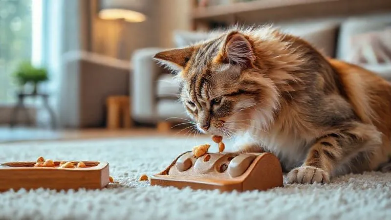 A photorealistic image of an elderly cat or dog engaged in a gentle mental stimulation activity. The pet is calmly trying to get treats from a puzzle feeder toy on a soft rug in a well-lit living room. The scene conveys concentration and peaceful engagement. Professional photography, 8K, cinematic lighting, sharp focus on the pet and the puzzle, depth of field blurring the background. A photorealistic image of an elderly cat or dog engaged in a gentle mental stimulation activity. The pet is calmly trying to get treats from a puzzle feeder toy on a soft rug in a well-lit living room. The scene conveys concentration and peaceful engagement. Professional photography, 8K, cinematic lighting, sharp focus on the pet and the puzzle, depth of field blurring the background.