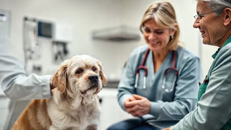 A photorealistic image of an elderly dog or cat calmly interacting with a gentle veterinarian during a check-up. The vet is performing a gentle physical examination, while the pet owner is observing with a caring expression. The clinic environment is clean and reassuring, with soft lighting. Professional photography, 8K, cinematic lighting, sharp focus on the interaction, depth of field blurring the background. A photorealistic image of an elderly dog or cat calmly interacting with a gentle veterinarian during a check-up. The vet is performing a gentle physical examination, while the pet owner is observing with a caring expression. The clinic environment is clean and reassuring, with soft lighting. Professional photography, 8K, cinematic lighting, sharp focus on the interaction, depth of field blurring the background.