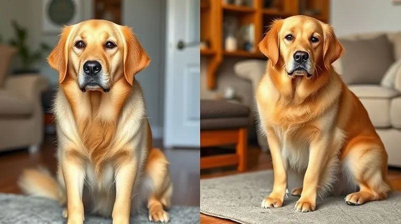 A photorealistic side-by-side comparison image of two golden retrievers. On the left, a healthy, fit senior golden retriever with visible waistline. On the right, a slightly overweight senior golden retriever with a rounded body shape and no visible waist. Both dogs are in a home setting, professional photography, 8K, cinematic lighting, sharp focus, depth of field, shot on a high-end DSLR. A photorealistic side-by-side comparison image of two golden retrievers. On the left, a healthy, fit senior golden retriever with visible waistline. On the right, a slightly overweight senior golden retriever with a rounded body shape and no visible waist. Both dogs are in a home setting, professional photography, 8K, cinematic lighting, sharp focus, depth of field, shot on a high-end DSLR.