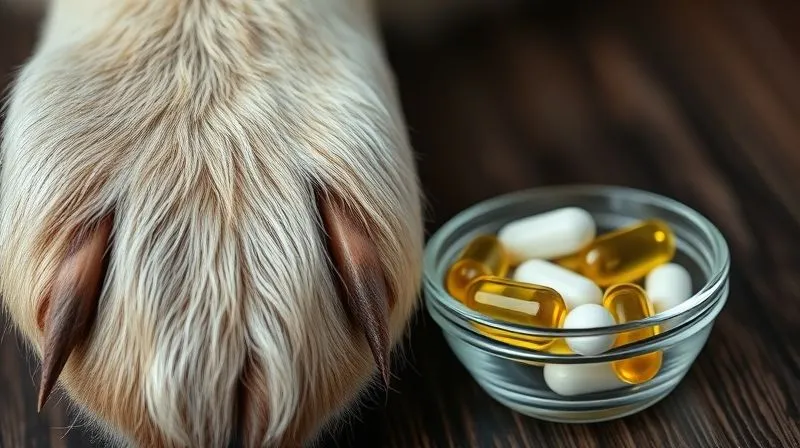 A photorealistic close-up of a senior dog's paw, with a visible joint. Next to it, a small bowl containing fish oil capsules and a tablet, representing supplements for joint health and metabolism. Cinematic lighting, sharp focus on the supplements, depth of field blurring the background, 8K hyper-detailed, professional photography, shot on a high-end DSLR. A photorealistic close-up of a senior dog's paw, with a visible joint. Next to it, a small bowl containing fish oil capsules and a tablet, representing supplements for joint health and metabolism. Cinematic lighting, sharp focus on the supplements, depth of field blurring the background, 8K hyper-detailed, professional photography, shot on a high-end DSLR.