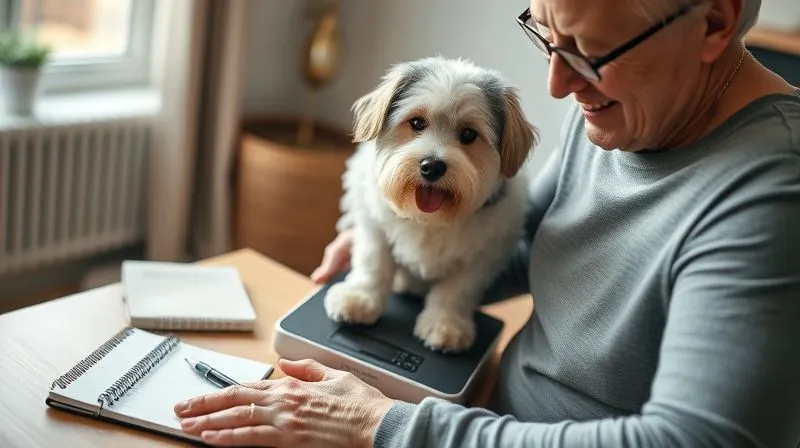 A photorealistic image of a pet owner gently weighing their senior dog on a digital pet scale at home. The owner is smiling, and the dog looks calm. A notebook and pen are nearby for recording data. Soft, natural lighting from a window, sharp focus on the scale and pet, depth of field blurring the home environment. 8K hyper-detailed, professional photography, shot on a high-end DSLR. A photorealistic image of a pet owner gently weighing their senior dog on a digital pet scale at home. The owner is smiling, and the dog looks calm. A notebook and pen are nearby for recording data. Soft, natural lighting from a window, sharp focus on the scale and pet, depth of field blurring the home environment. 8K hyper-detailed, professional photography, shot on a high-end DSLR.