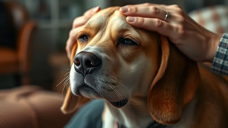 A photorealistic, professional photography, 8K image of an elderly, calm dog (e.g., a Beagle or Basset Hound) receiving gentle, comforting ear rubs from a caring owner. The dog's expression is one of pure relaxation and trust. Soft, warm cinematic lighting, sharp focus on the interaction, blurred cozy home background. Depth of field, shot on a high-end DSLR, evoking comfort and bond. A photorealistic, professional photography, 8K image of an elderly, calm dog (e.g., a Beagle or Basset Hound) receiving gentle, comforting ear rubs from a caring owner. The dog's expression is one of pure relaxation and trust. Soft, warm cinematic lighting, sharp focus on the interaction, blurred cozy home background. Depth of field, shot on a high-end DSLR, evoking comfort and bond.