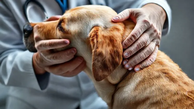 A photorealistic, detailed image of a veterinarian gently examining the neck and spine of a calm, elderly labrador retriever, highlighting areas of potential muscle atrophy and joint stiffness. The vet's hands are soft and reassuring, with a focus on the dog's comfort. Cinematic lighting, professional photography, 8K, sharp focus, depth of field, shot on a high-end DSLR.