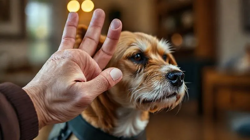 A photorealistic, close-up image of a hand demonstrating the 'two-finger rule' for fitting a padded dog harness on an elderly dog. The harness is soft and wide, and the dog looks comfortable. The background is a blurred, warm indoor setting. 8K, cinematic lighting, sharp focus, depth of field, professional photography, shot on a high-end DSLR.