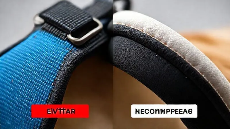A photorealistic, detailed comparison shot of two dog harness materials: one rough, thin nylon and another soft, wide, padded neoprene. Focus on the texture and quality, with labels indicating 'Evitar' (Avoid) and 'Recomendado' (Recommended). Studio lighting, 8K, sharp focus, depth of field, professional photography, shot on a high-end DSLR.