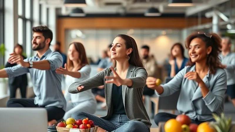 A photorealistic image of a diverse group of employees in a modern office space, some doing light, guided stretching exercises, others enjoying fresh fruit and healthy snacks during a break. The scene is energetic and positive, conveying a culture of wellness. Professional photography, 8K, cinematic lighting, sharp focus on the foreground activities, depth of field blurring the background, shot on a high-end DSLR. A photorealistic image of a diverse group of employees in a modern office space, some doing light, guided stretching exercises, others enjoying fresh fruit and healthy snacks during a break. The scene is energetic and positive, conveying a culture of wellness. Professional photography, 8K, cinematic lighting, sharp focus on the foreground activities, depth of field blurring the background, shot on a high-end DSLR.