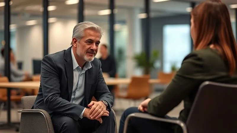 A photorealistic image of a compassionate leader sitting across from an employee in a modern office, engaged in an empathetic and supportive conversation. The leader is leaning forward slightly, listening intently, conveying care and understanding. The setting is professional yet warm. Professional photography, 8K, cinematic lighting, sharp focus on the interaction, depth of field blurring the background, shot on a high-end DSLR. A photorealistic image of a compassionate leader sitting across from an employee in a modern office, engaged in an empathetic and supportive conversation. The leader is leaning forward slightly, listening intently, conveying care and understanding. The setting is professional yet warm. Professional photography, 8K, cinematic lighting, sharp focus on the interaction, depth of field blurring the background, shot on a high-end DSLR.