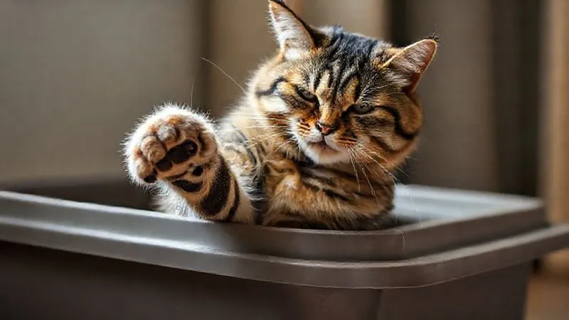 A photorealistic image of an elderly, slightly hunched tabby cat with a pained expression, struggling to lift a paw over the edge of a standard-height litter box. The lighting is soft but highlights the cat's discomfort. 8K hyper-detailed, professional photography, cinematic lighting, sharp focus on the cat's effort, depth of field blurring the background, shot on a high-end DSLR, conveying empathy. A photorealistic image of an elderly, slightly hunched tabby cat with a pained expression, struggling to lift a paw over the edge of a standard-height litter box. The lighting is soft but highlights the cat's discomfort. 8K hyper-detailed, professional photography, cinematic lighting, sharp focus on the cat's effort, depth of field blurring the background, shot on a high-end DSLR, conveying empathy.