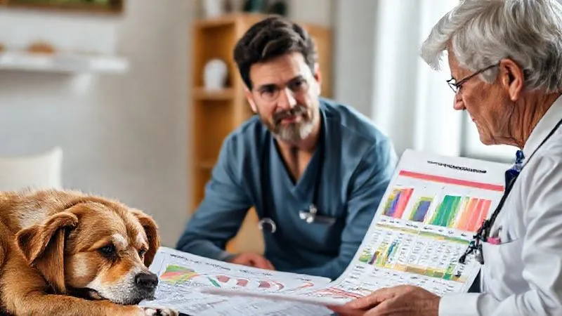 A photorealistic, professional photography image of a veterinarian explaining a complex nutritional chart to a concerned pet owner, with a gentle, senior dog resting nearby, soft natural lighting, sharp focus on the chart and their expressions, depth of field blurring the background, 8K hyper-detailed.