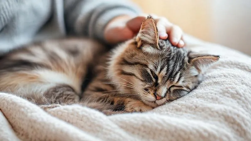 A photorealistic, professional photography image of an elderly pet owner gently petting their senior cat, who is comfortably curled up on a soft blanket. The owner's hand is tenderly stroking the cat's head, conveying deep affection and care. Soft, warm light illuminates the scene, highlighting the bond between them. Sharp focus on the cat and the hand, with a shallow depth of field blurring a peaceful home environment, 8K hyper-detailed.