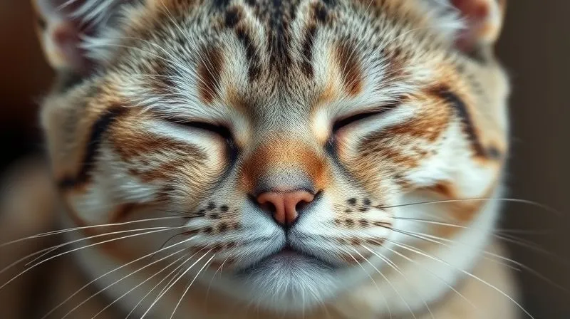 A photorealistic close-up of an elderly cat's face, showing subtle signs of discomfort or 'pain face' - slightly squinted eyes, flattened ears, tense muzzle, but still with a gentle demeanor. Soft, natural lighting, sharp focus on the facial expression, 8K hyper-detailed, professional photography, shot on a high-end DSLR.