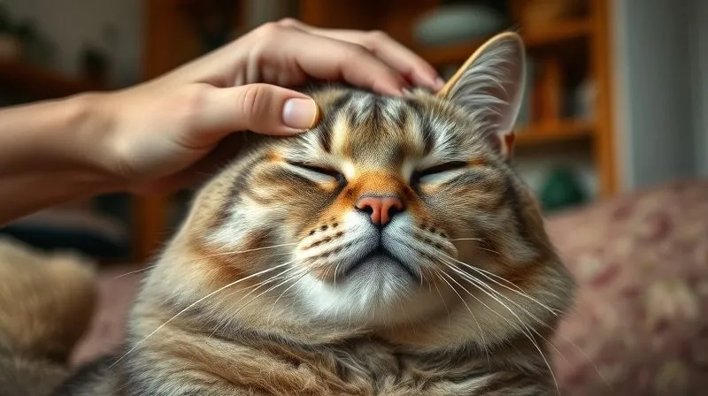 A photorealistic, tender moment: a human hand gently caressing the head of an elderly, contented cat. The cat's eyes are softly closed, conveying relaxation and trust. The background is a warm, cozy home interior, with soft, diffused light. 8K hyper-detailed, professional photography, shot on a high-end DSLR.
