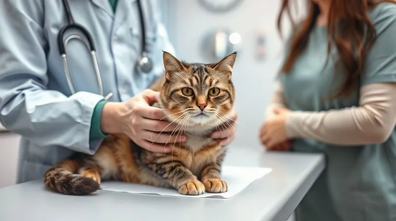 A photorealistic image of a veterinarian gently examining an elderly cat on an examination table, with a caring owner observing. The clinic setting is clean and professional, with soft lighting. Sharp focus on the vet and cat, 8K hyper-detailed, professional photography, shot on a high-end DSLR.