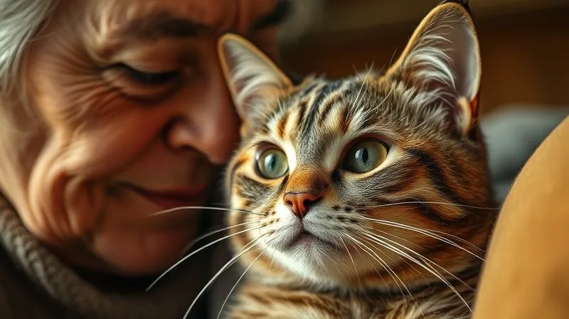 A photorealistic image of an elderly cat looking calmly and trustingly into the eyes of its human owner. The owner's face is gentle and reassuring. The scene is bathed in a warm, comforting light, emphasizing the strong emotional bond. 8K hyper-detailed, professional photography, shot on a high-end DSLR.